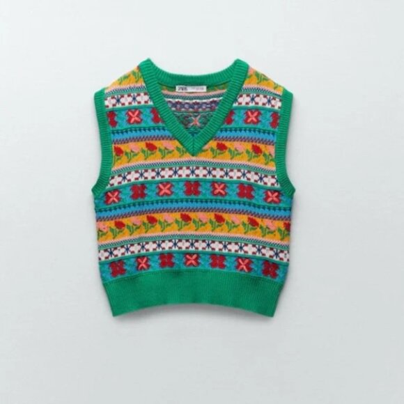 Zara whimsical floral jacquard knit vest, size M, NWOT - Picture 2 of 12